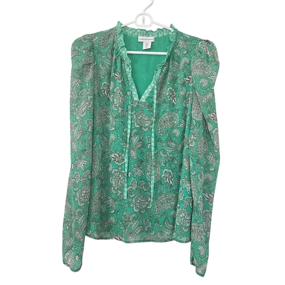 Cupcakes and Cashmere Blouse Green Floral Lined Womens Long Sleeve Size M